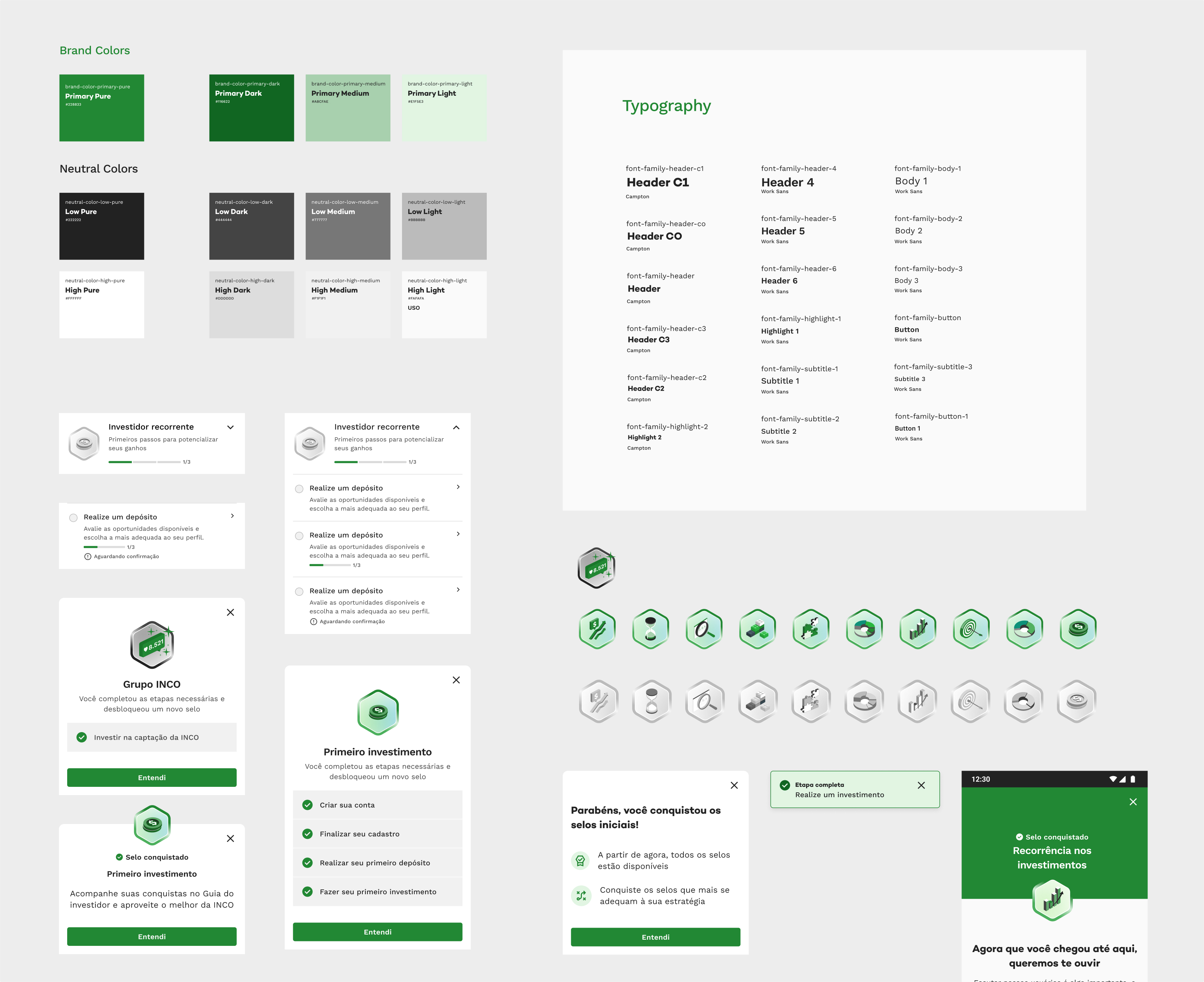 Design-system overview: brand colors, typography, task cards, badge icons and notification cards