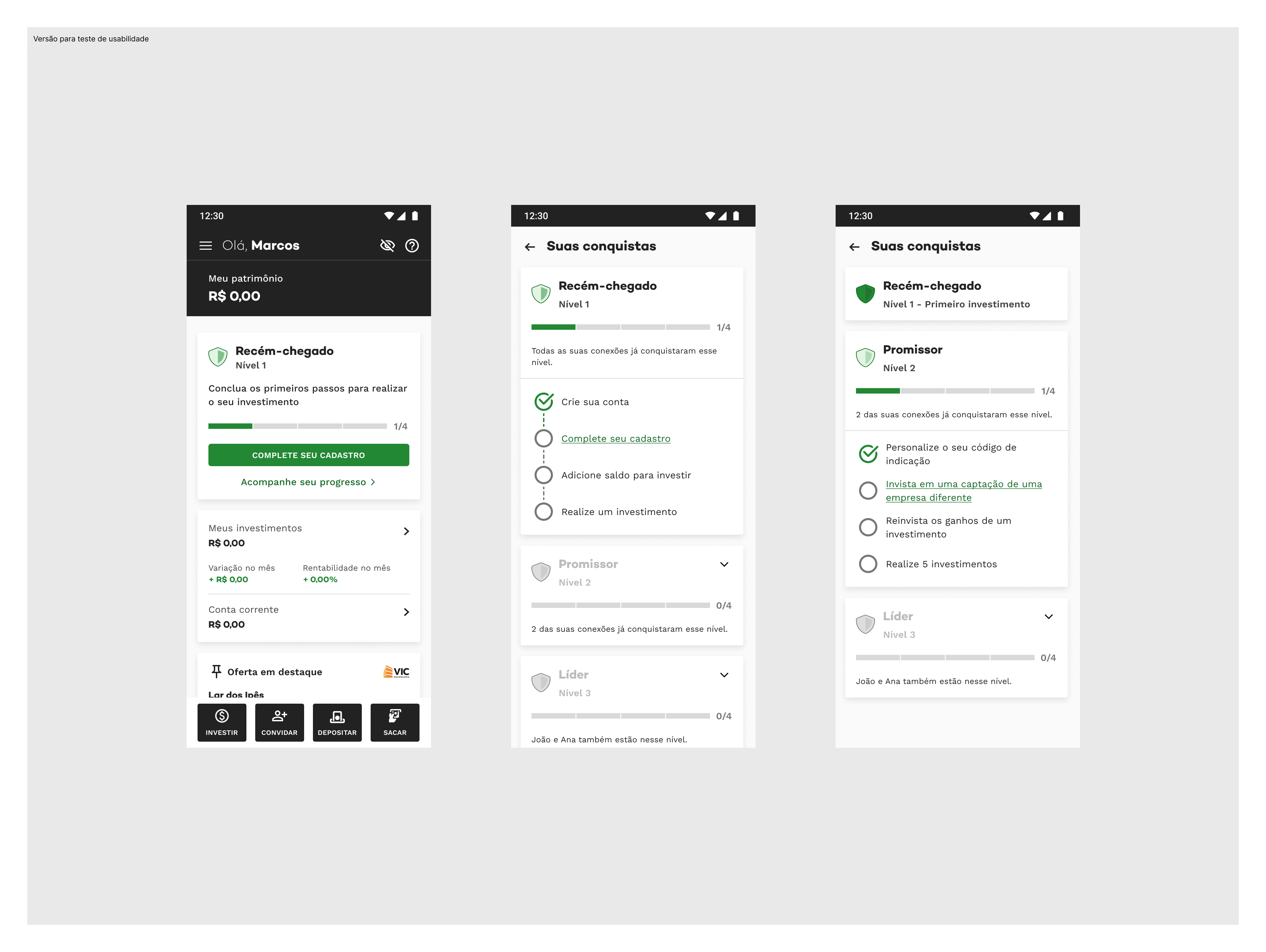 Three key MVP screens prepared for the usability test — home, level one and level two