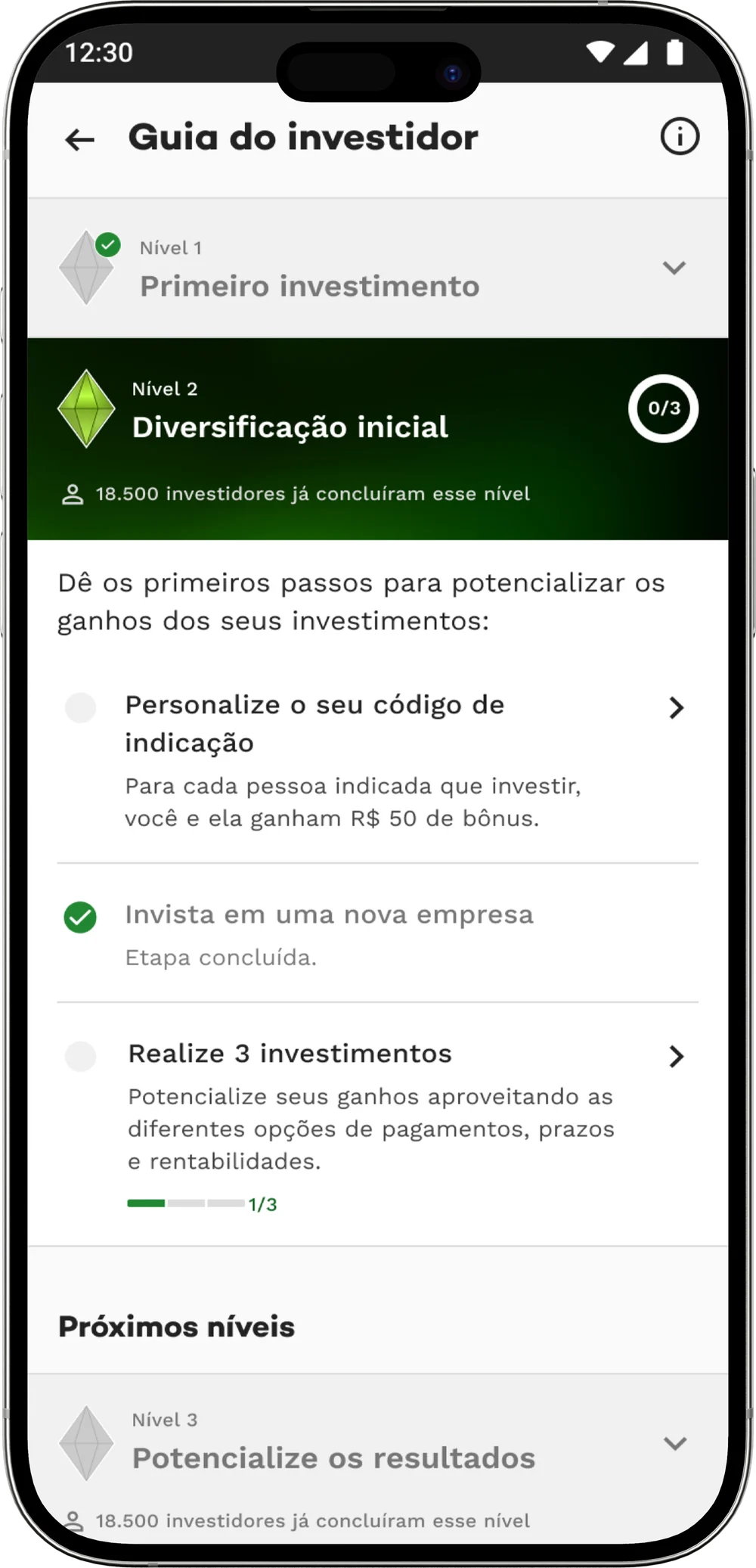The guide’s levels and tasks open on a phone