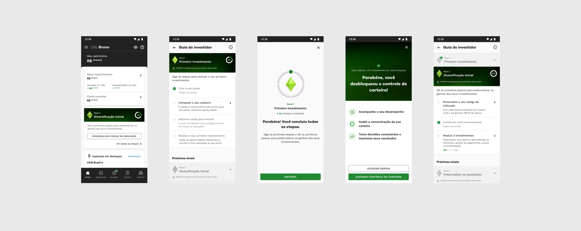 Five refined screens of the guide that entered the A/B test