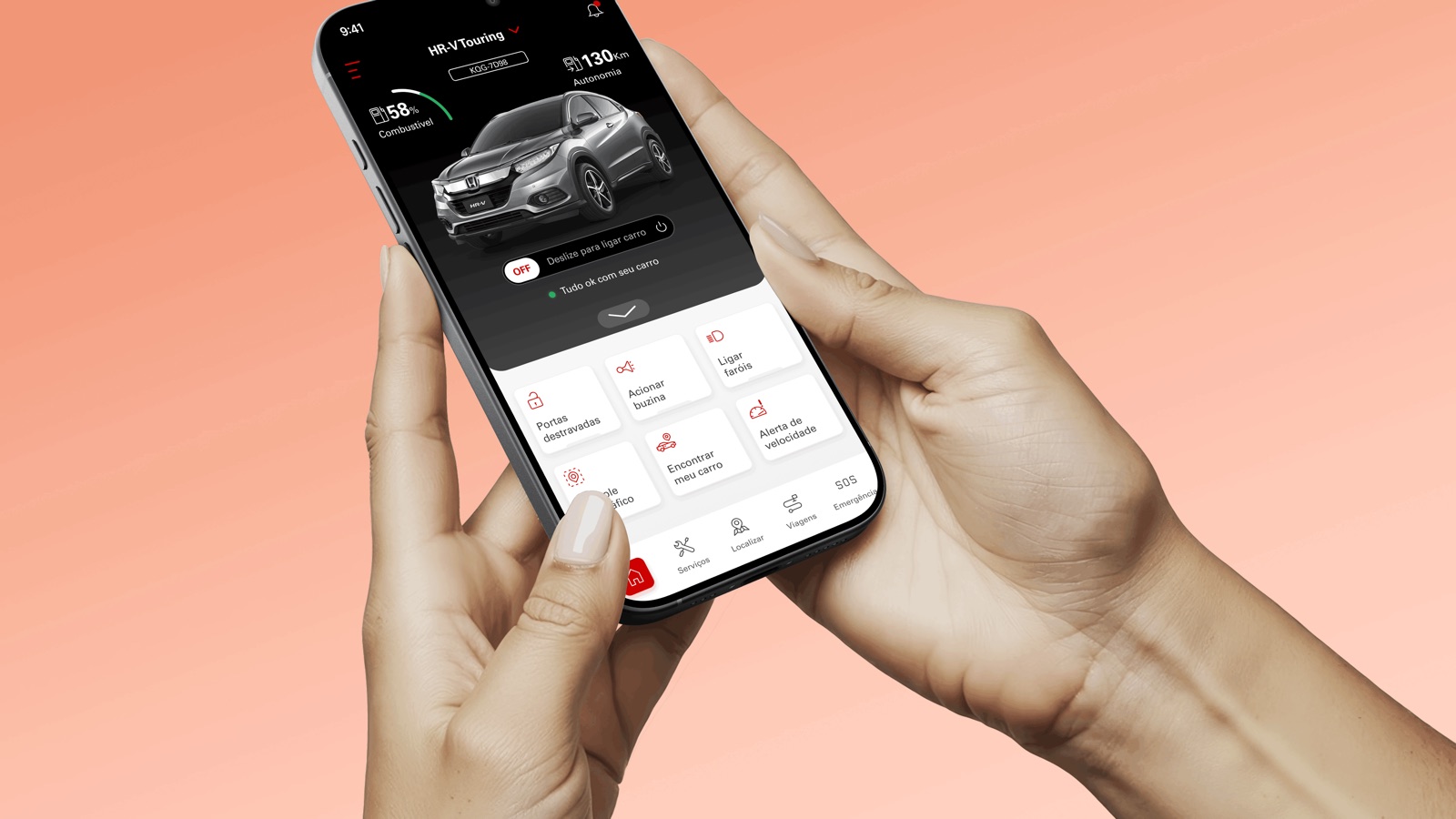 The My Honda Connect app running on a phone, held in the hand near a Honda vehicle