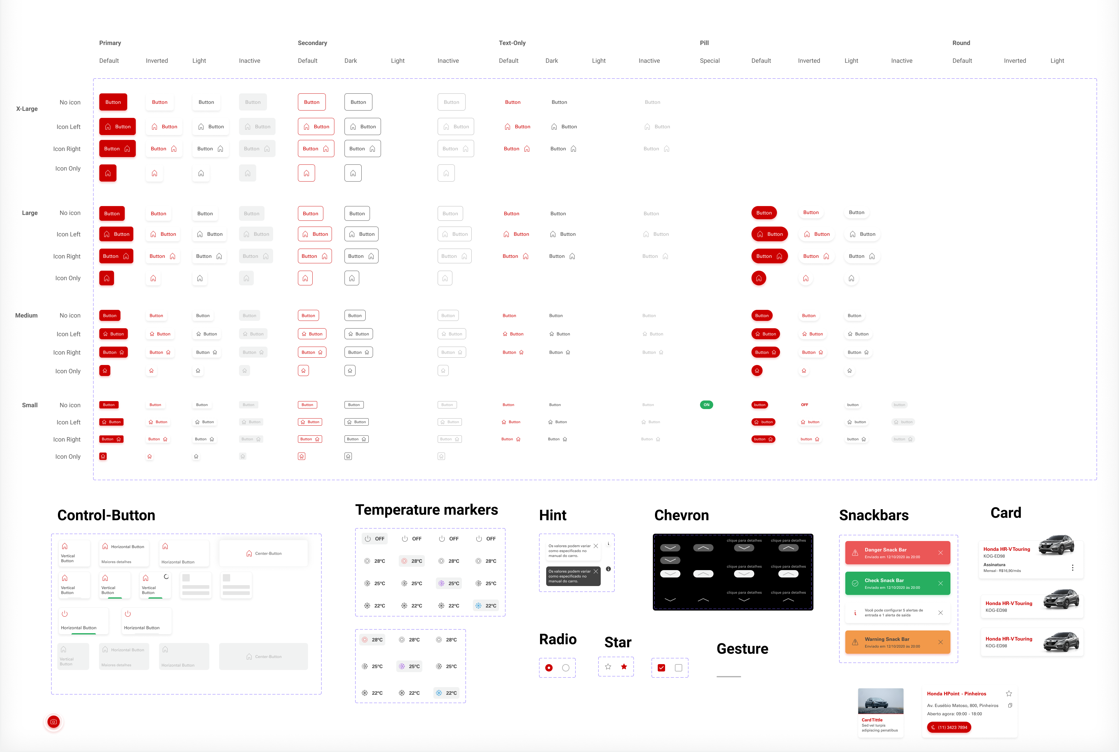 The My Honda Connect Figma component library — buttons across sizes, styles and states, plus control buttons, temperature markers, hints, chevrons, snackbars and cards