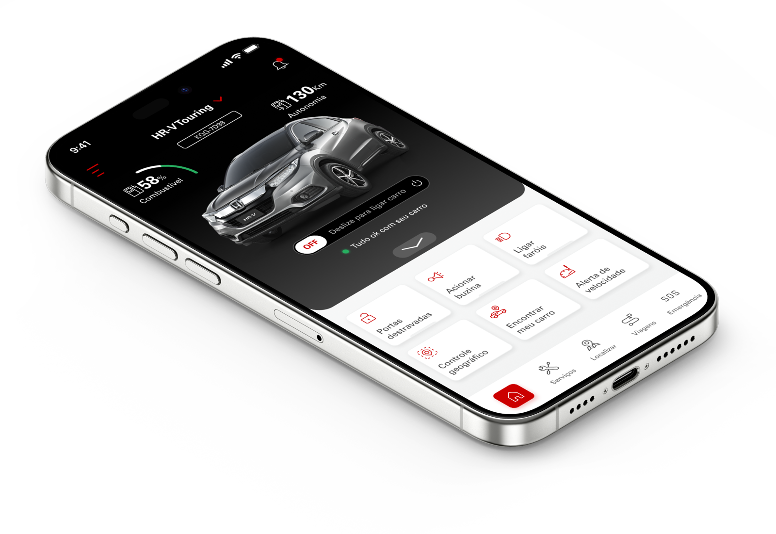 The high-fidelity prototype, shown on an iPhone 15 Pro Max — the home, with the remote controls in reach