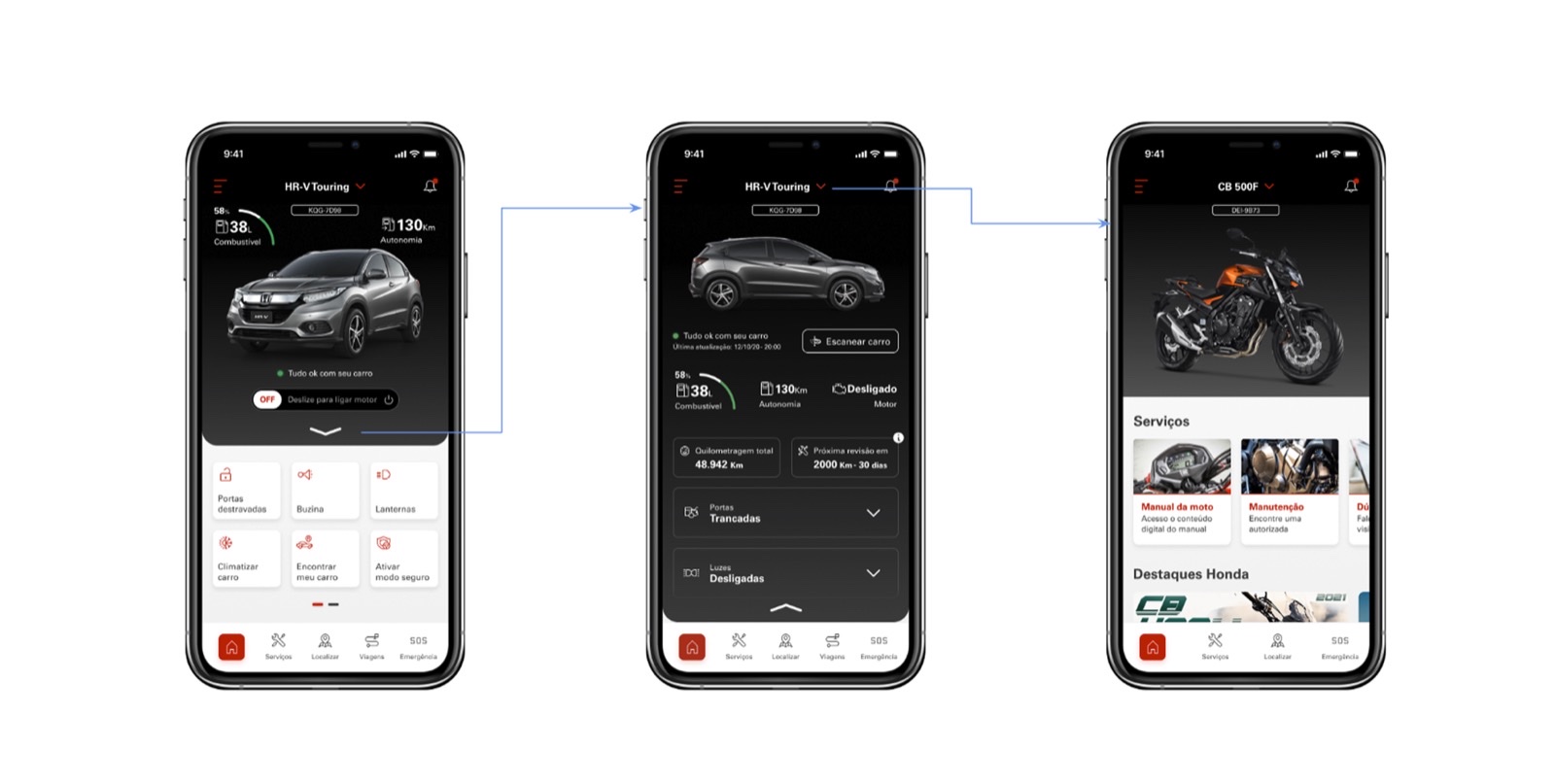 Three linked screens — the vehicle dashboard, its detailed status, and switching to a second vehicle, a motorcycle