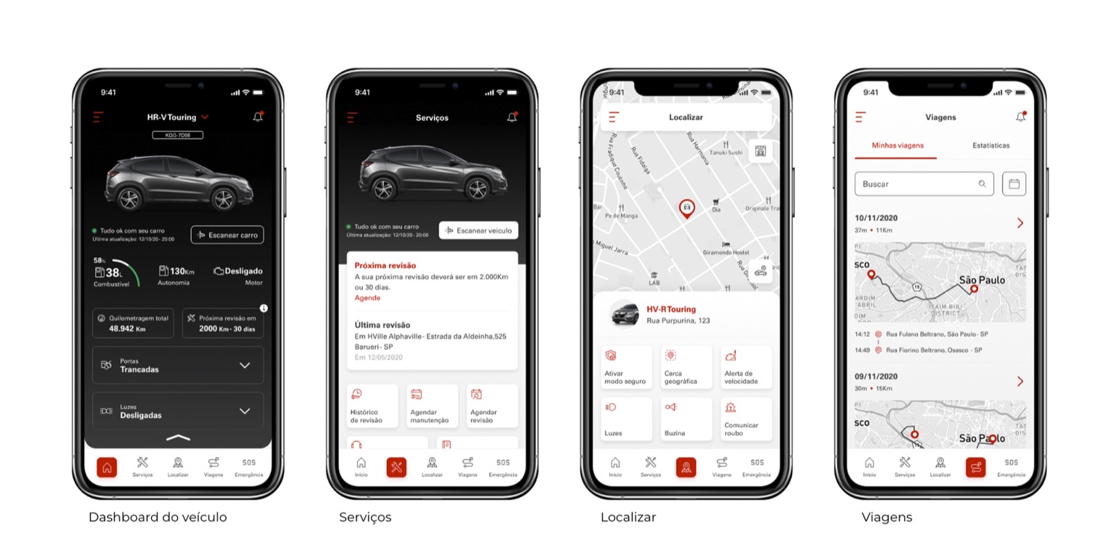 Four core sections — vehicle dashboard, services, locate, and trips