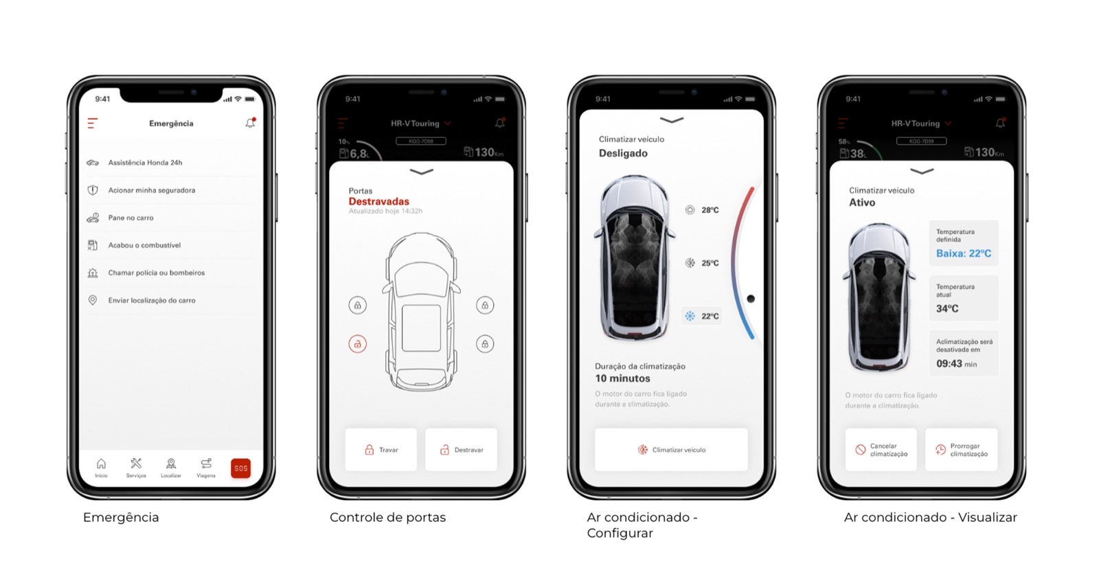 Emergency contacts, door control, and the A/C flow from setting a temperature to watching it run