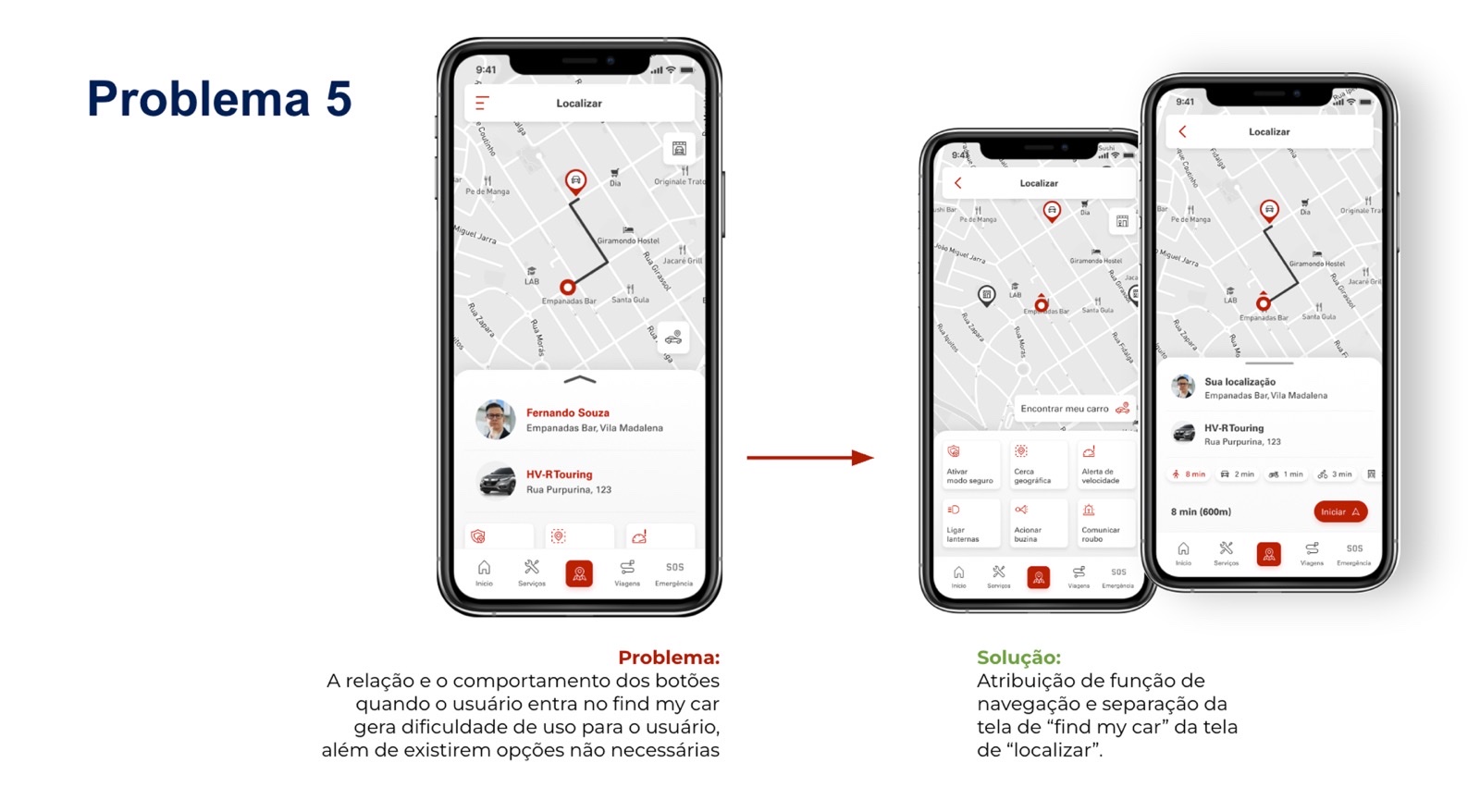 Before and after — "find my car" split into its own screen